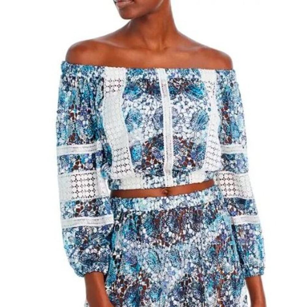 Ramy Brook Women's AIYANA Lace Ribbon Off The Shoulder Top S NWT 298 BLUE